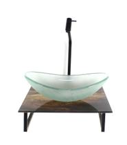 Kit cuba de vidro oval 10mm jateada com tampo de vidro 40cm x 40cm madeira rustica e suporte preto