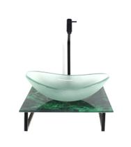 Kit cuba de vidro oval 10mm jateada com tampo de vidro 40cm x 40cm mármore verde e suporte preto Kit cuba de vidro oval 10mm jateada com tampo de vidro 40cm x 40cm mármore verde e suporte preto