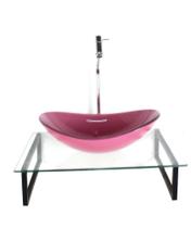 Kit cuba de vidro oval 10mm rosa com tampo 50cm incolor e suporte preto Kit cuba de vidro oval 10mm rosa com tampo 50cm incolor e suporte preto