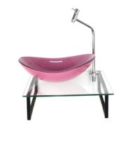 Kit cuba de vidro oval 10mm rosa tampo 40cm incolor com suporte torneira valvula