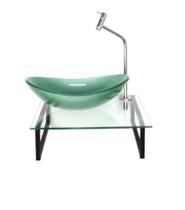 Kit cuba de vidro oval 10mm verde tampo 40cm incolor com suporte torneira valvula