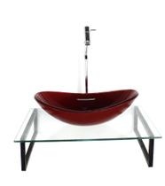 Kit cuba de vidro oval 10mm vermelho cereja tampo 50cm incolor com suporte torneira valvula