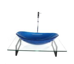 Kit cuba de vidro oval azul escuro com tampo 60cm incolor e suporte preto Kit cuba de vidro oval azul escuro com tampo 60cm incolor e suporte preto