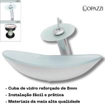 Kit cuba de vidro oval canoa com torneira cascata monocomando e válvula click up inclusa para banheiros e lavabos- acabamento em tinta epóxi - AIKO