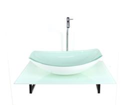 Kit cuba de vidro oval chanfrada com tampo 60cm branco full e suporte preto