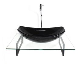 Kit cuba de vidro oval chanfrada preta com tampo 60cm incolor e suporte torneira valvula Kit cuba de vidro oval chanfrada preta com tampo 60cm incolor e suporte torneira valvula