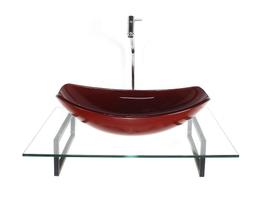 Kit cuba de vidro oval chanfrada vermelho cereja com tampo 60cm incolor e suporte preto Kit cuba de vidro oval chanfrada vermelho cereja com tampo 60cm incolor e suporte preto