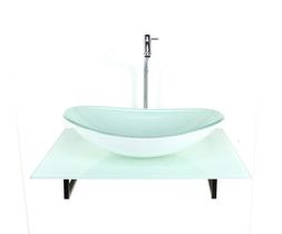 Kit cuba de vidro oval com tampo 60cm branco full e suporte preto