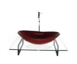 Kit cuba de vidro oval vermelho cereja com tampo 60cm incolor e suporte preto Kit cuba de vidro oval vermelho cereja com tampo 60cm incolor e suporte preto