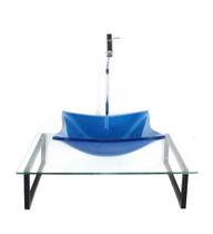 Kit cuba de vidro quadrada 10mm azul escuro com tampo 50cm incolor e suporte preto