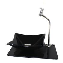 Kit cuba de vidro quadrada 10mm com tampo 40cm preto full e suporte cromado