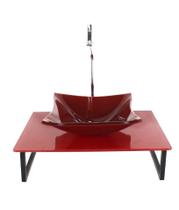 Kit cuba de vidro quadrada 10mm com tampo 50cm vermelho cereja full e suporte preto