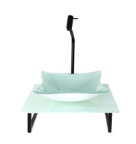 Kit cuba de vidro quadrada 10mm com tampo de vidro 40cm x 40cm branco full e suporte preto