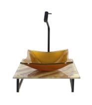 Kit cuba de vidro quadrada 10mm com tampo de vidro 40cm x 40cm mármore marfim e suporte preto Kit cuba de vidro quadrada 10mm com tampo de vidro 40cm x 40cm mármore marfim e suporte preto