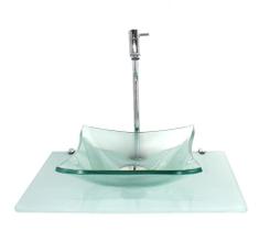 Kit cuba de vidro quadrada 10mm incolor com tampo 50cm branco full e suporte cromado