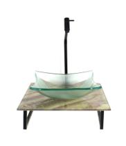 Kit cuba de vidro quadrada 10mm incolor com tampo de vidro 40cm x 40cm mármore marfim e suporte preto Kit cuba de vidro quadrada 10mm incolor com tampo de vidro 40cm x 40cm mármore marfim e suporte preto