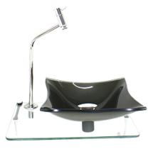 Kit cuba de vidro quadrada 10mm ouro envelhecido com tampo 40cm incolor e suporte cromado
