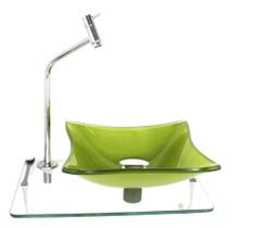 Kit cuba de vidro quadrada 10mm verde oliva com tampo 40cm incolor e suporte cromado