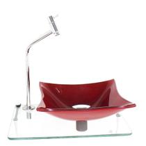 Kit cuba de vidro quadrada 10mm vermelho ferrari com tampo 40cm incolor e suporte cromado