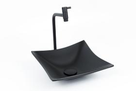 Kit Cuba de Vidro Quadrada 30cm com Torneira Alta de Metal e Válvula Click inclusa - Acabamento Preto Fosco Kit Cuba de Vidro Quadrada 30cm com Torneira Alta de Metal e Válvula Click inclusa - Acabamento Preto Fosco