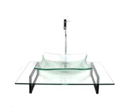 Kit cuba de vidro quadrada incolor com tampo 60cm incolor e suporte preto