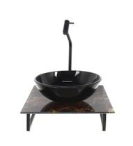 Kit cuba de vidro redonda 10mm com tampo de vidro 40cm x 40cm mármore imperdador e suporte preto