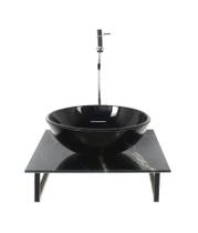 Kit cuba de vidro redonda 10mm com tampo de vidro 40cm x 40cm mármore preto e suporte torneira valvula