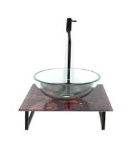 Kit cuba de vidro redonda 10mm incolor com tampo de vidro 40cm x 40cm mármore avermelhado e suporte preto