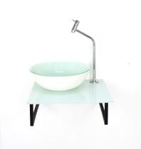 Kit cuba de vidro redonda 10mm tampo 40cm branco full com suporte torneira valvula