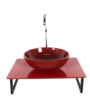 Kit cuba de vidro redonda 10mm tampo 50cm vermelho cereja full com suporte torneira valvula