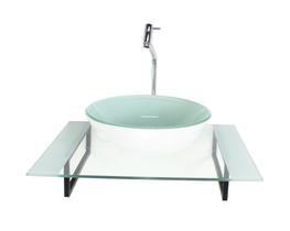 Kit cuba de vidro redonda com tampo 60cm branco e suporte preto