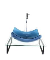 Kit cuba de vidro retangular 10mm azul tampo 50cm incolor com suporte torneira valvula Kit cuba de vidro retangular 10mm azul tampo 50cm incolor com suporte torneira valvula