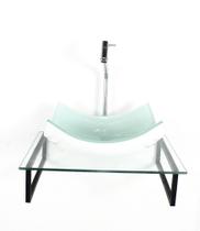 Kit cuba de vidro retangular 10mm branca com tampo 50cm incolor e suporte preto