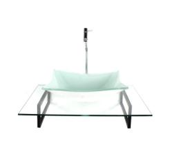 Kit cuba de vidro retangular branca com tampo 60cm incolor e suporte preto