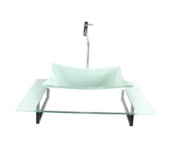 Kit cuba de vidro retangular com tampo 60cm branco e suporte preto