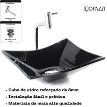 Kit cuba de vidro retangular com torneira link cromada e válvula click up - Lopazzi