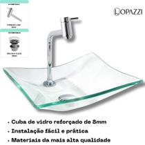 Kit cuba de vidro retangular com torneira link cromada e válvula click up