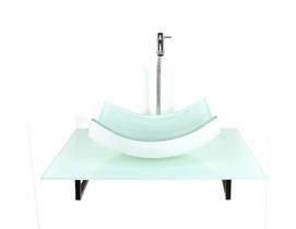 Kit cuba de vidro retangular curvada com tampo 60cm branco full e suporte torneira valvula