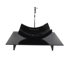 Kit cuba de vidro retangular curvada com tampo 60cm preto full e suporte torneira valvula