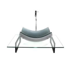 Kit cuba de vidro retangular curvada prata com tampo 60cm incolor e suporte preto Kit cuba de vidro retangular curvada prata com tampo 60cm incolor e suporte preto