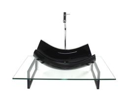 Kit cuba de vidro retangular curvada preta com tampo 60cm incolor e suporte preto - CUBAS E GABINETES