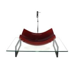 Kit cuba de vidro retangular curvada vermelho cereja com tampo 60cm incolor e suporte torneira valvula Kit cuba de vidro retangular curvada vermelho cereja com tampo 60cm incolor e suporte torneira valvula
