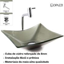 Kit Cuba de Vidro Retangular Lopazzi com Torneira Link Cromada e Válvula Click Banheiro Moderno, Vidro Temperado 40x32 Kit Cuba de Vidro Retangular Lopazzi com Torneira Link Cromada e Válvula Click Banheiro Moderno, Vidro Temperado 40x32