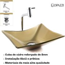 Kit Cuba de Vidro Retangular Lopazzi com Torneira Link Cromada e Válvula Click Banheiro Moderno, Vidro Temperado 40x32
