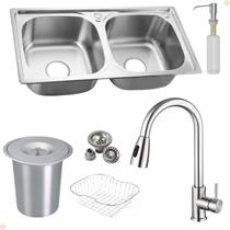 Kit Cuba Dupla Inox Acessórios Com Torneira Gourmet Extensora Escovada E Lixeira de Embutir 5 Litros