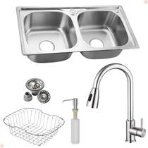 Kit Cuba Dupla Inox Acessórios Com Torneira Gourmet Misturador Monocomando Extensora Escovada