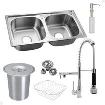 Kit Cuba Dupla Inox Acessórios Com Torneira Gourmet Monocomando Vip Cromada E Lixeira de Embutir 5 Litros