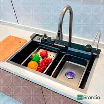 Kit Cuba e Torneira Pia Cozinha Gourmet Premium Aço Inox 304 Cascata Lavador De Copos Completa Inteligente Monocomando Smart Multifuncional Cor Preta