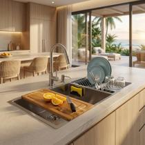 Kit Cuba Gourmet 90x40cm Inox 304 Com Torneira Retrátil Monocomando, Escorredor Com tampa E Acessórios