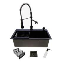 Kit cuba gourmet aço inox 304 60x40cm com torneira preta com dispenser